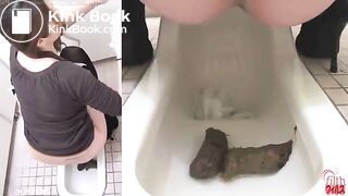 Pretty secretatary pooping big logs in a public toilet