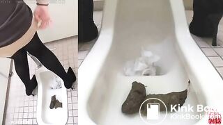 Pretty secretatary pooping big logs in a public toilet