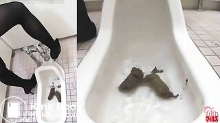 Pretty secretatary pooping big logs in a public toilet