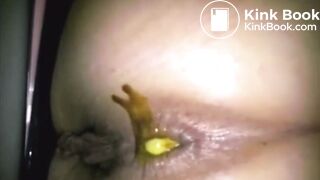 Lady dumps green liquid white white poop