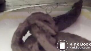 Sexy lady squats and shits on a plate