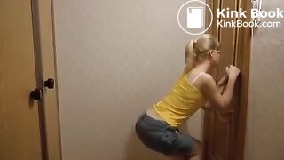 Blonde hottie poops and pees her panties