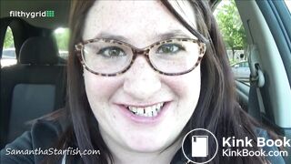 Chubby woman shitting at a public store