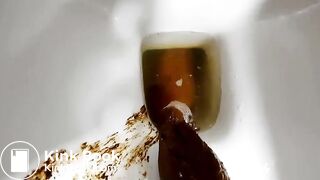 Blonde model clogs the toilet with two monster turds