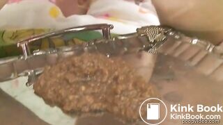 Beautiful girl poops for him on plate