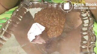 Beautiful girl poops for him on plate