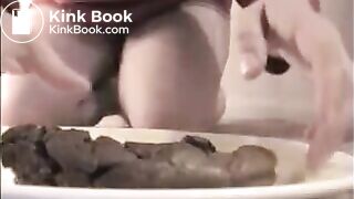Woman shit big turd on a white plate
