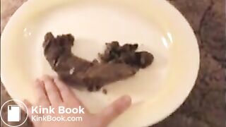 Woman shit big turd on a white plate