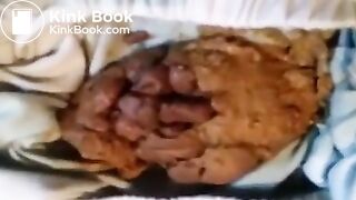 Woman pooping in her white pants