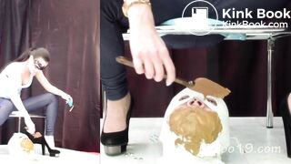 Good toilet slave for three girls.