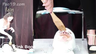 Good toilet slave for three girls.