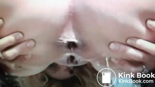 Blonde lady pooping outdoors in close up