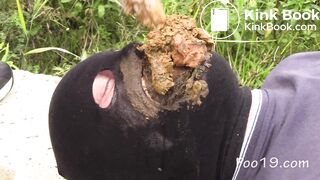 Blonde girl shits in her slave's mouth.