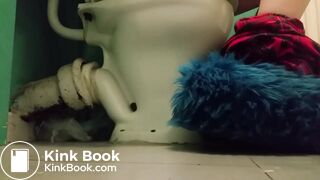 Girl with fluffy slippers pooping on the toilet