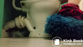 Girl with fluffy slippers pooping on the toilet