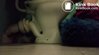 Girl with fluffy slippers pooping on the toilet