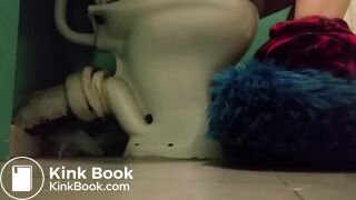 Girl with fluffy slippers pooping on the toilet