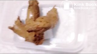 Nice woman pooping into container