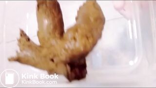 Nice woman pooping into container