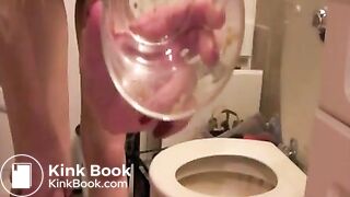 girl pooping into glass