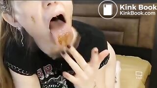 Girl deepthroats dirty dildo and fists herself