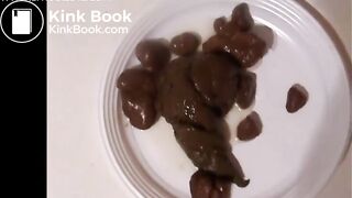 Cute Italian girl is pooping big hard logs in a white plate on the floor