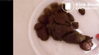 Cute Italian girl is pooping big hard logs in a white plate on the floor
