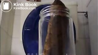 Woman pooping into jar.1