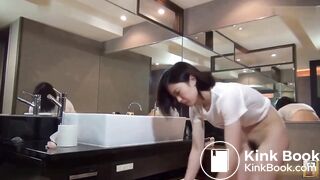 Constipated young woman has hairy pussy crappy in the sink