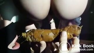 Beautiful dominaing lady shitting into slave mouth