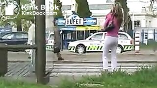 Sandra poops her white pants in the city