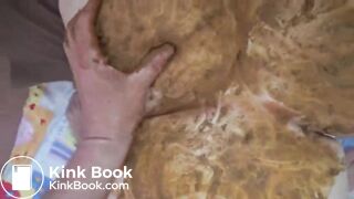 Guy smears shit over his cock and his chubby girlfriend