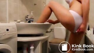 Beatiful blonde woman pooping in her pantie