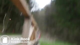 Girl shitting outdoor and feeding the fishes