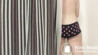 Topless girl pooping in her dotted panties