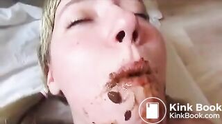 A lot of poop in her opened mouth