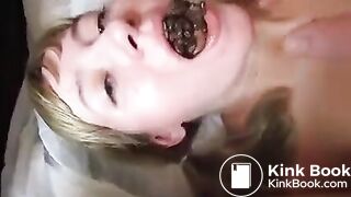 A lot of poop in her opened mouth