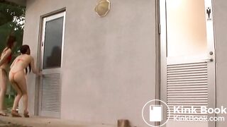 Two girls poop on beach toilet floor