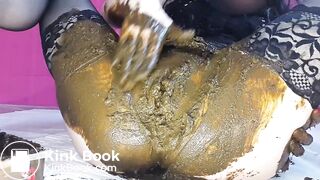 Smearing saved shit and fresh shit and stuffing it in