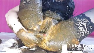 Smearing saved shit and fresh shit and stuffing it in