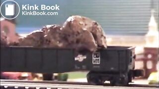 Girl shitting on a model train