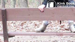 Anni pooping on a bench