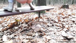 Anni pooping on a bench