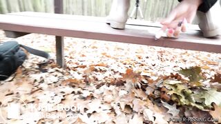 Anni pooping on a bench