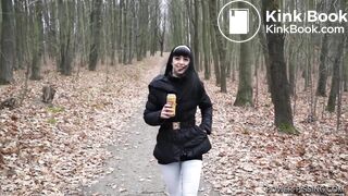 Anni pooping on a bench