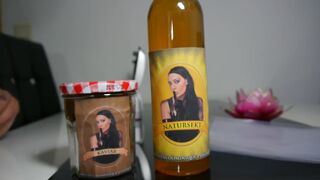 A bottle of pis and a jar of shit, ready to deliver