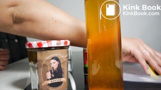 A bottle of pis and a jar of shit, ready to deliver