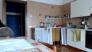 Beautiful woman poops in kitchen