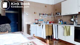 Beautiful woman poops in kitchen