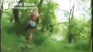 Girl in bikini shitting in the forest